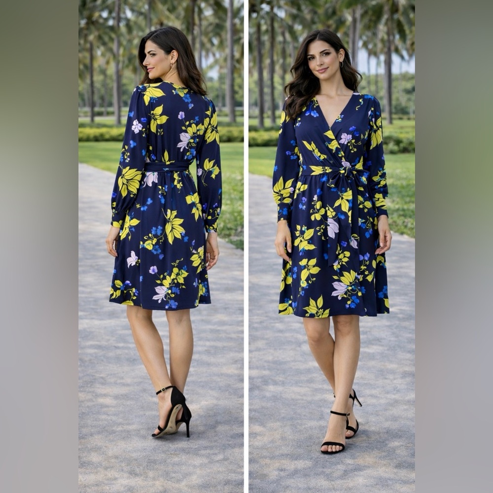 Halogen Wrap Dress L Large Floral Long Sleeve Blue Purple Yellow Washable NEW